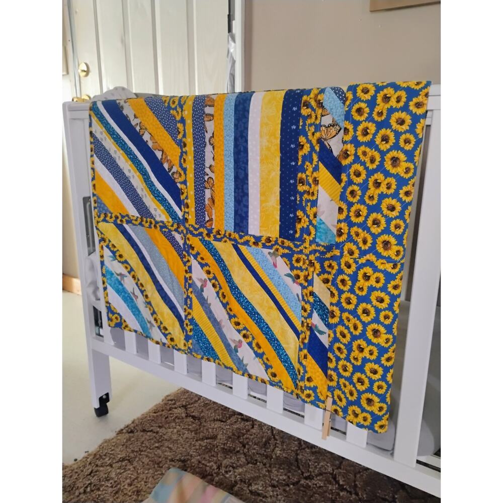 Handmade Embroidered Cotton Crib Quilt Sunflowers Butterflies Yellow Blue White
